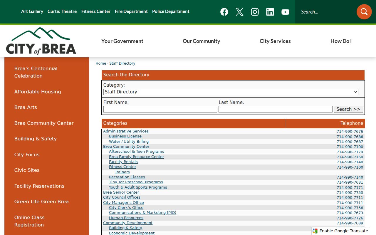 Brea people directory city staff search