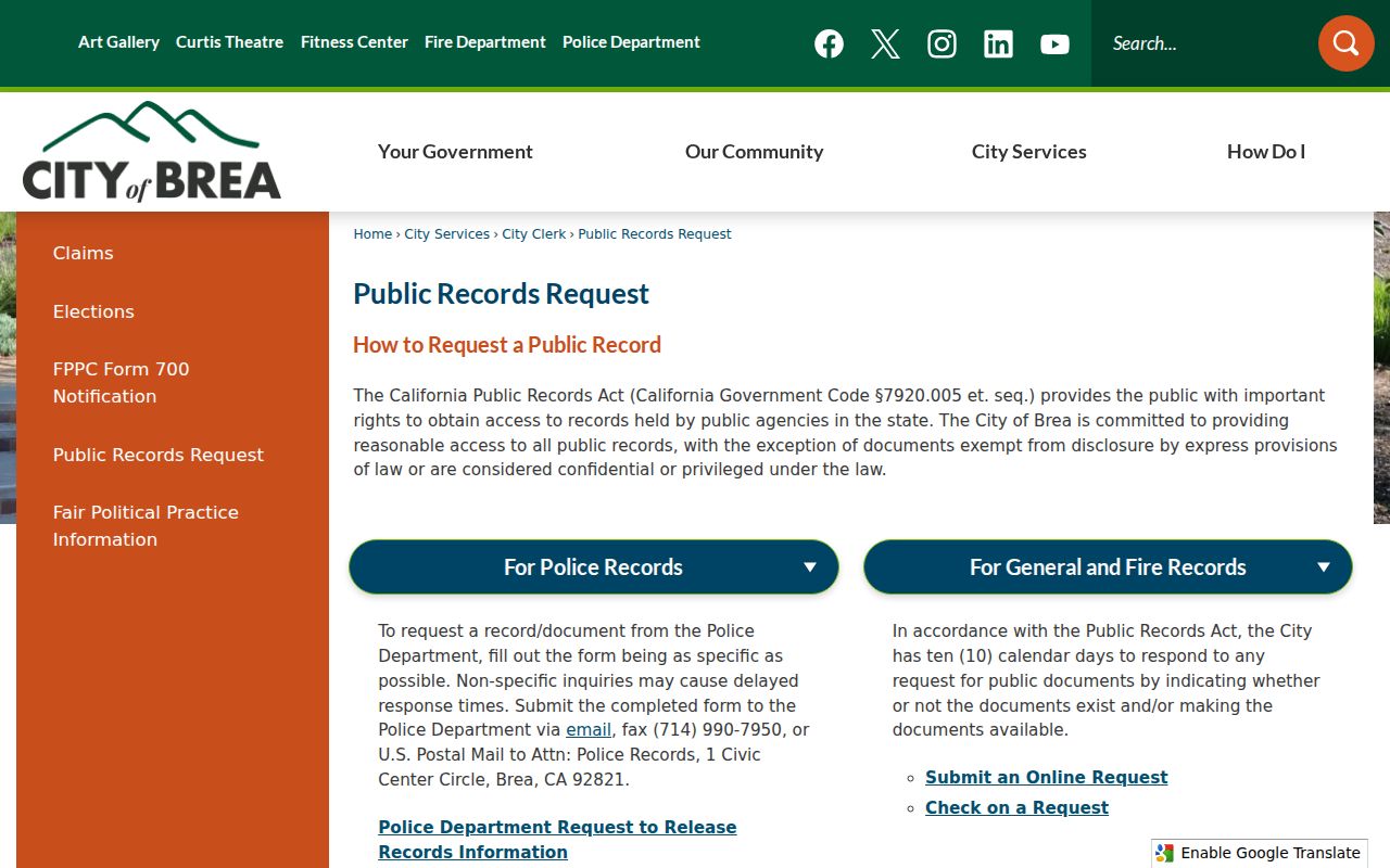Brea people search public records request page