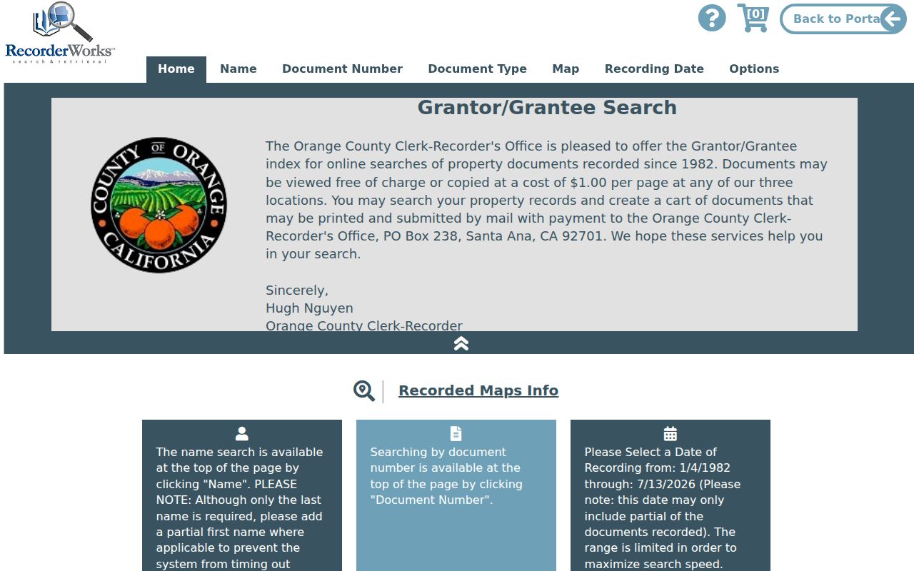 Brea people search RecorderWorks grantor grantee index