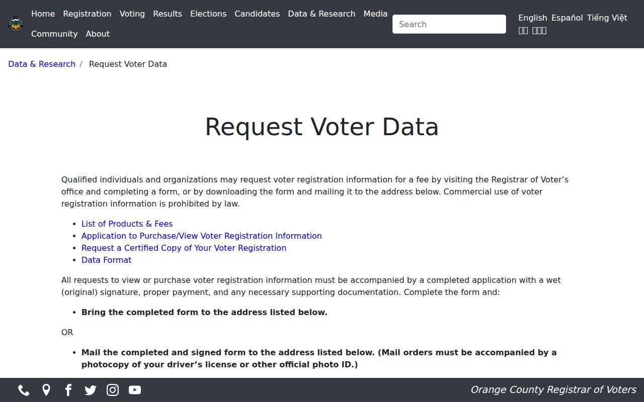 Brea voter data request page from Orange County Registrar